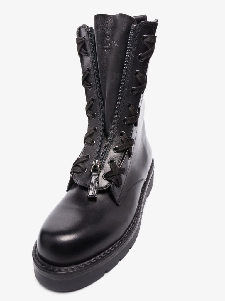 Black Rockstud Leather Combat Boots