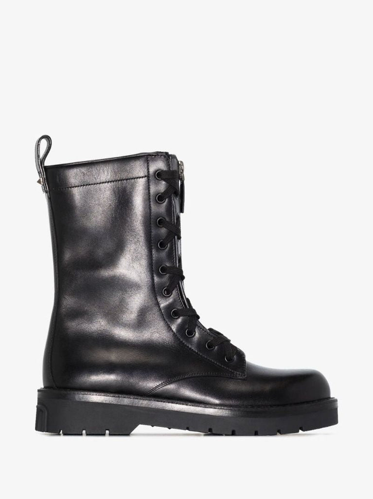 Black Rockstud Leather Combat Boots