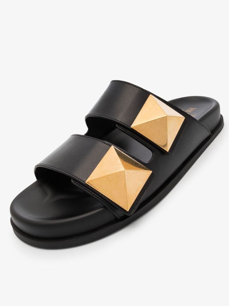 Black Rockstud Double Strap Leather Sandals