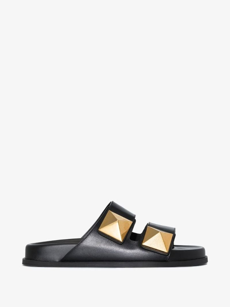 Black Rockstud Double Strap Leather Sandals