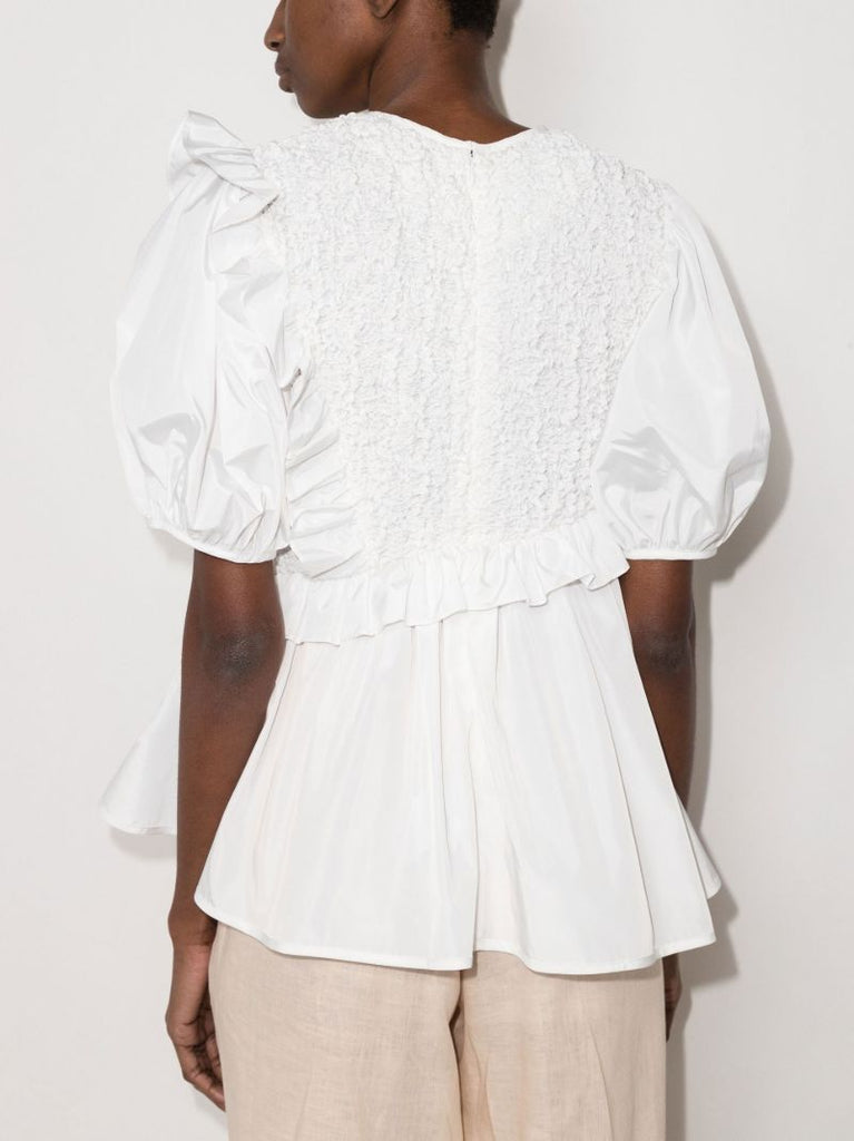 White Carlotta Asymmetric Ruffled Blouse