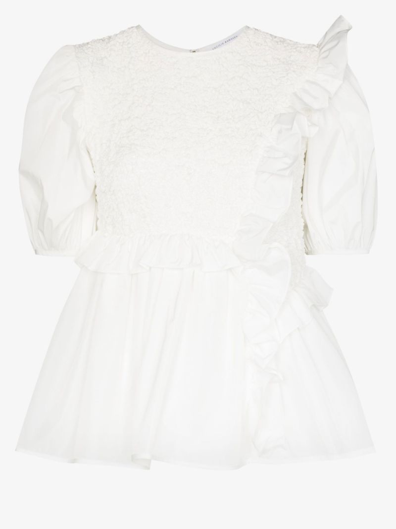 White Carlotta Asymmetric Ruffled Blouse