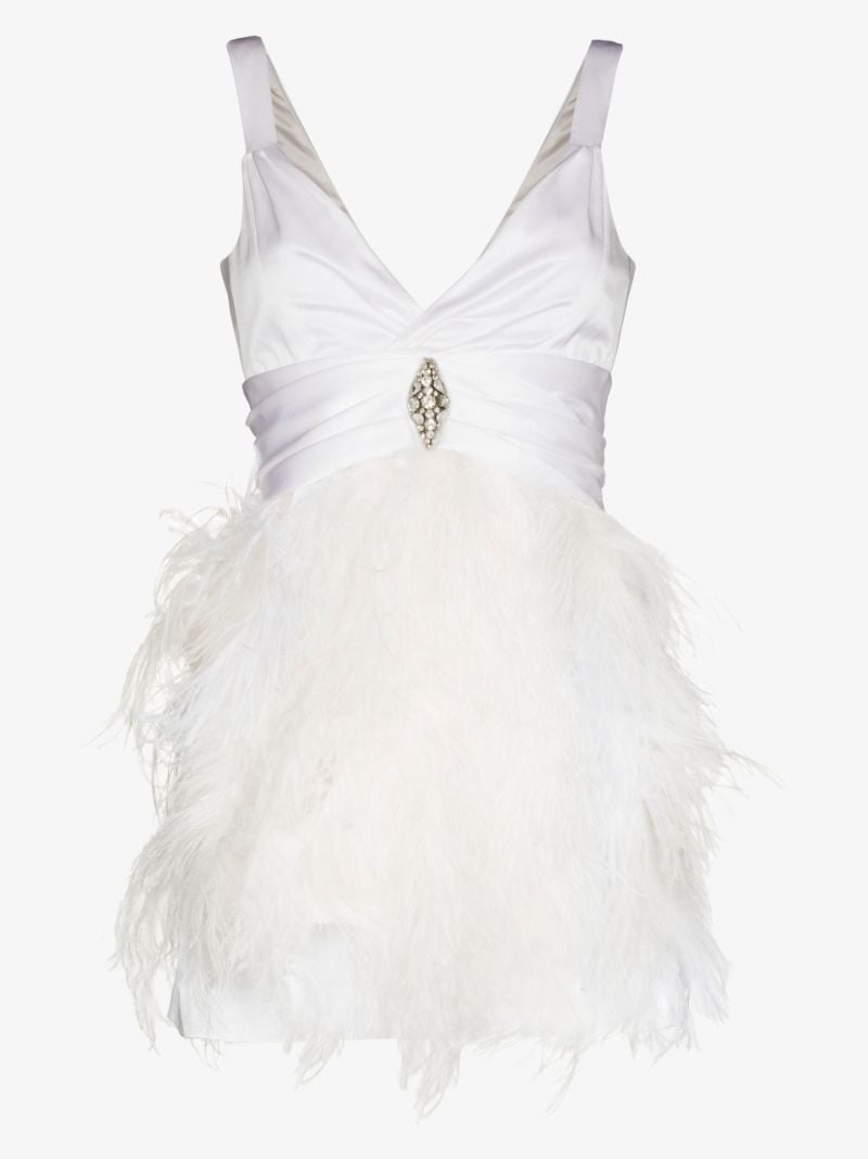 White Embellished Silk Feather Mini Dress