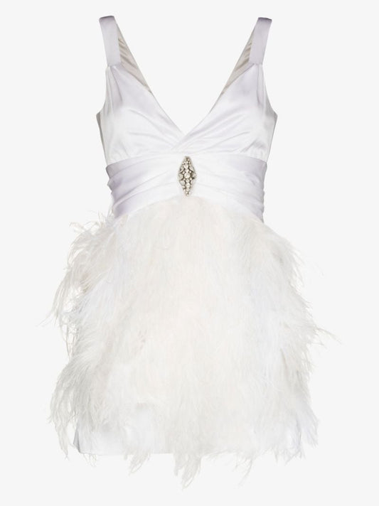 White Embellished Silk Feather Mini Dress
