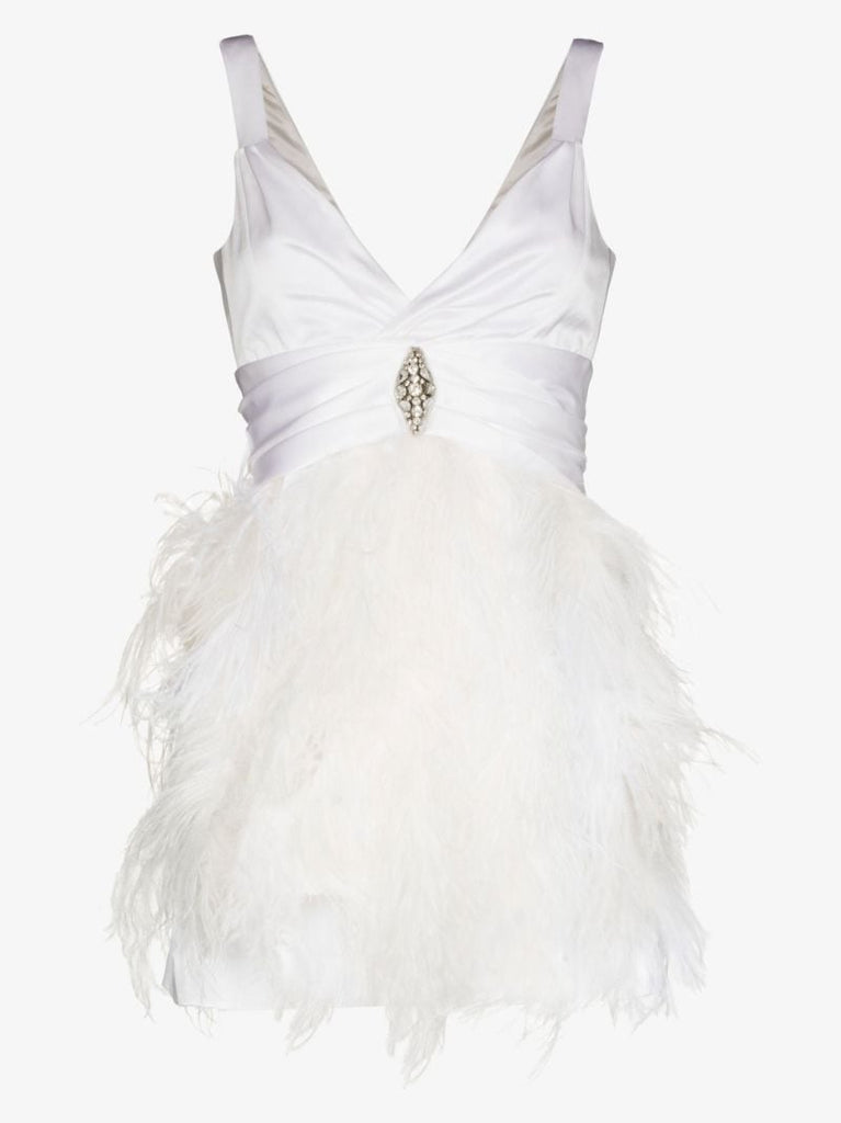 White Embellished Silk Feather Mini Dress