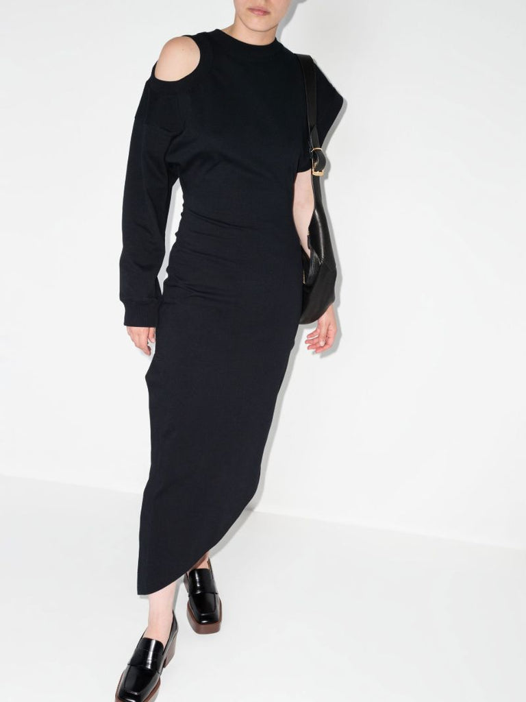 Black Asymmetric Shoulder Cutout Organic Cotton Dress