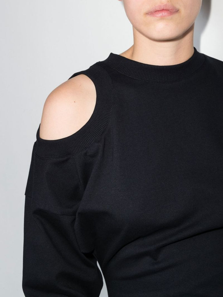 Black Asymmetric Shoulder Cutout Organic Cotton Dress