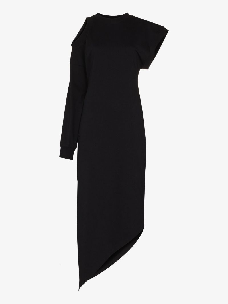 Black Asymmetric Shoulder Cutout Organic Cotton Dress