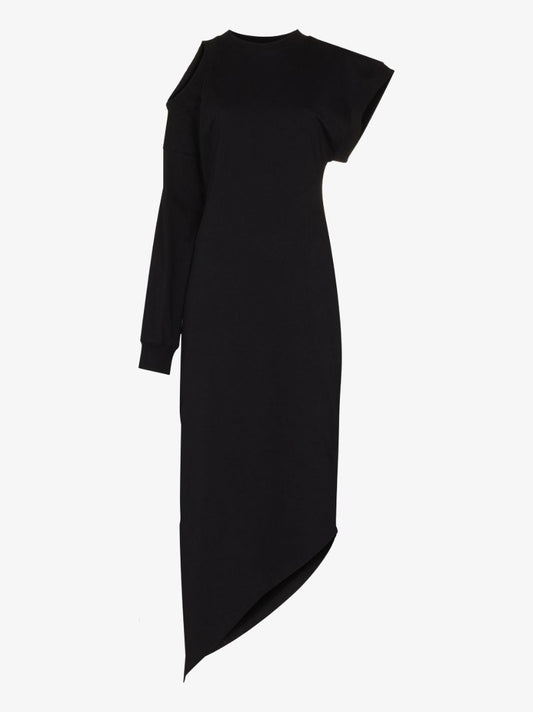 Black Asymmetric Shoulder Cutout Organic Cotton Dress