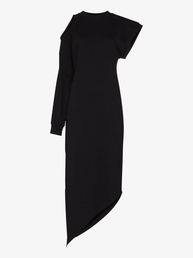 Black Asymmetric Shoulder Cutout Organic Cotton Dress