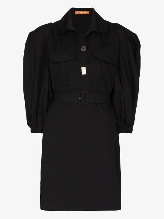 Black Paola Belted Organic Cotton Mini Dress