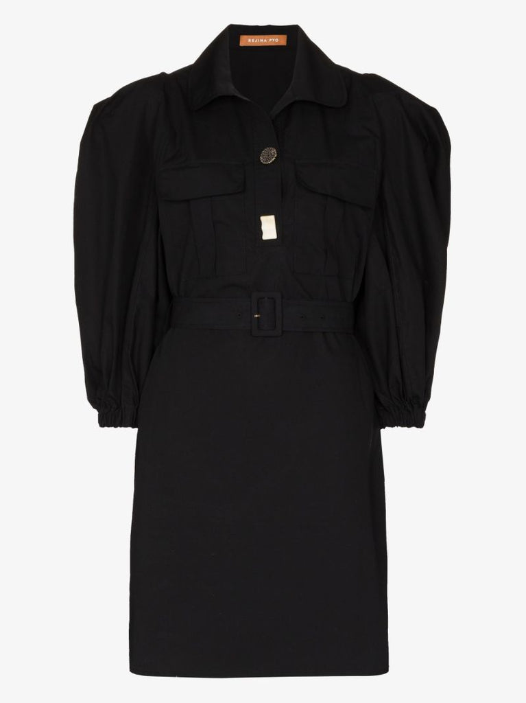 Black Paola Belted Organic Cotton Mini Dress