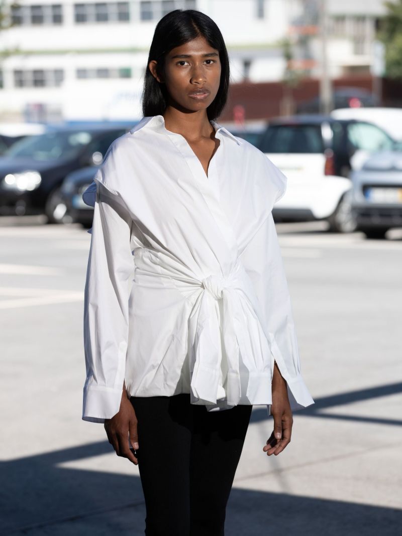 White Tie Front Cotton Poplin Shirt