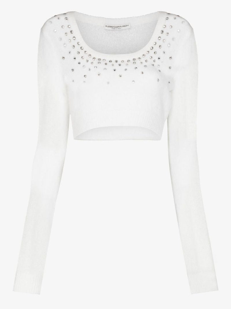 Crystal Embellished Cropped Knitted Sweater