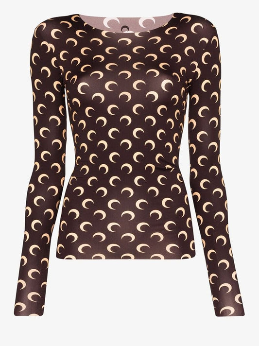 Brown Crescent Moon Print Top