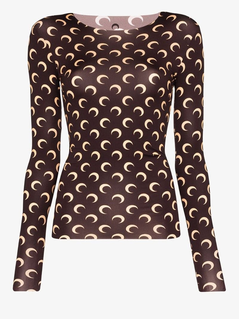 Brown Crescent Moon Print Top
