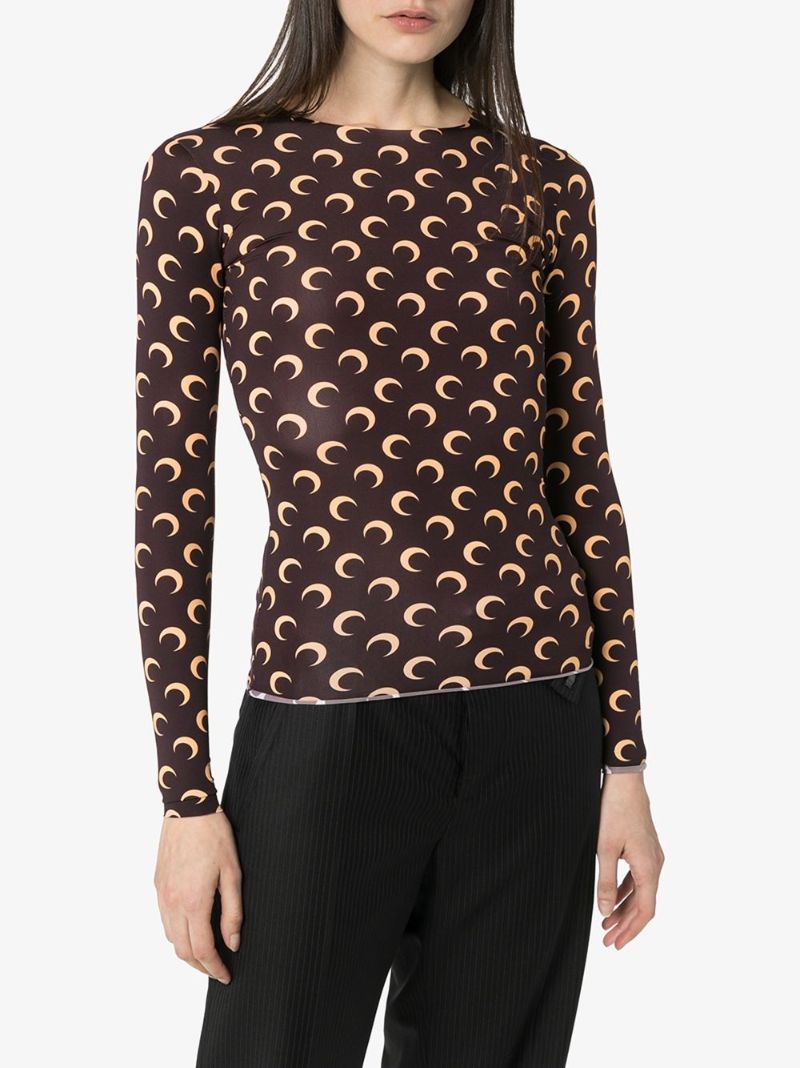 Brown Crescent Moon Print Top