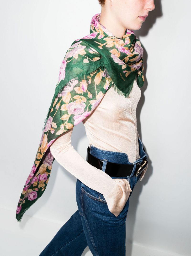 Green Large Floral Print Square Scarf