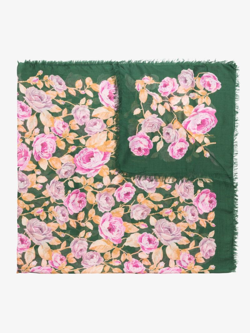 Green Large Floral Print Square Scarf