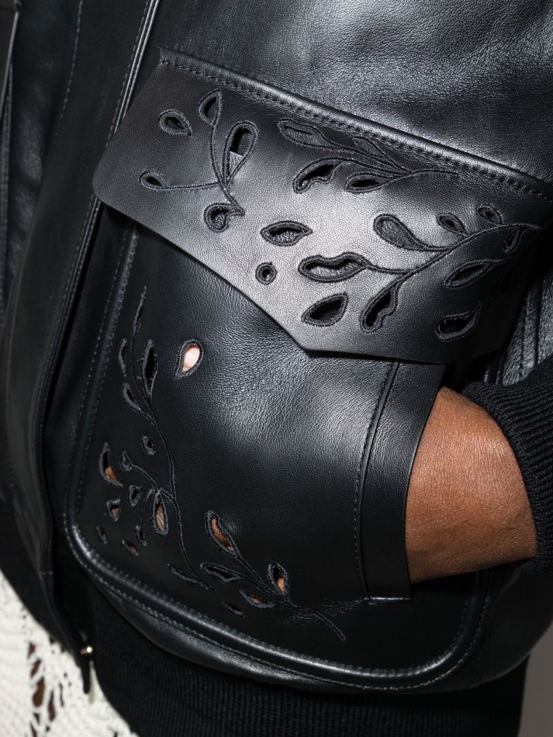 Black Broderie Anglaise Leather Bomber Jacket