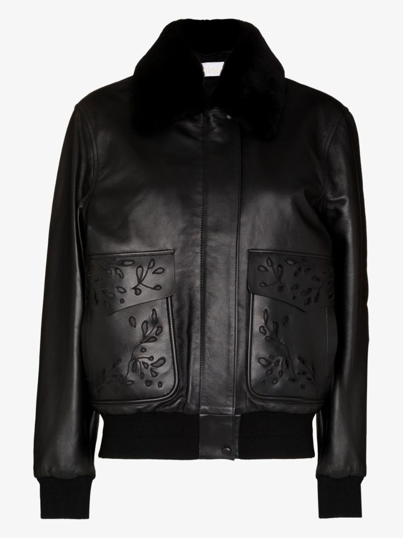 Black Broderie Anglaise Leather Bomber Jacket