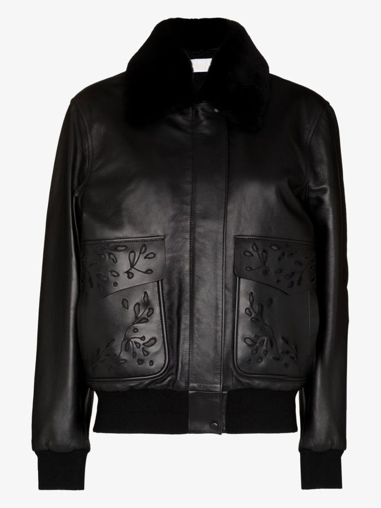 Black Broderie Anglaise Leather Bomber Jacket