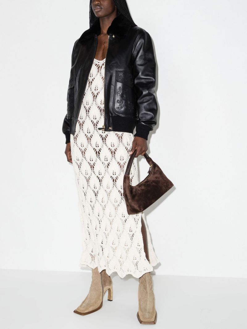 Black Broderie Anglaise Leather Bomber Jacket