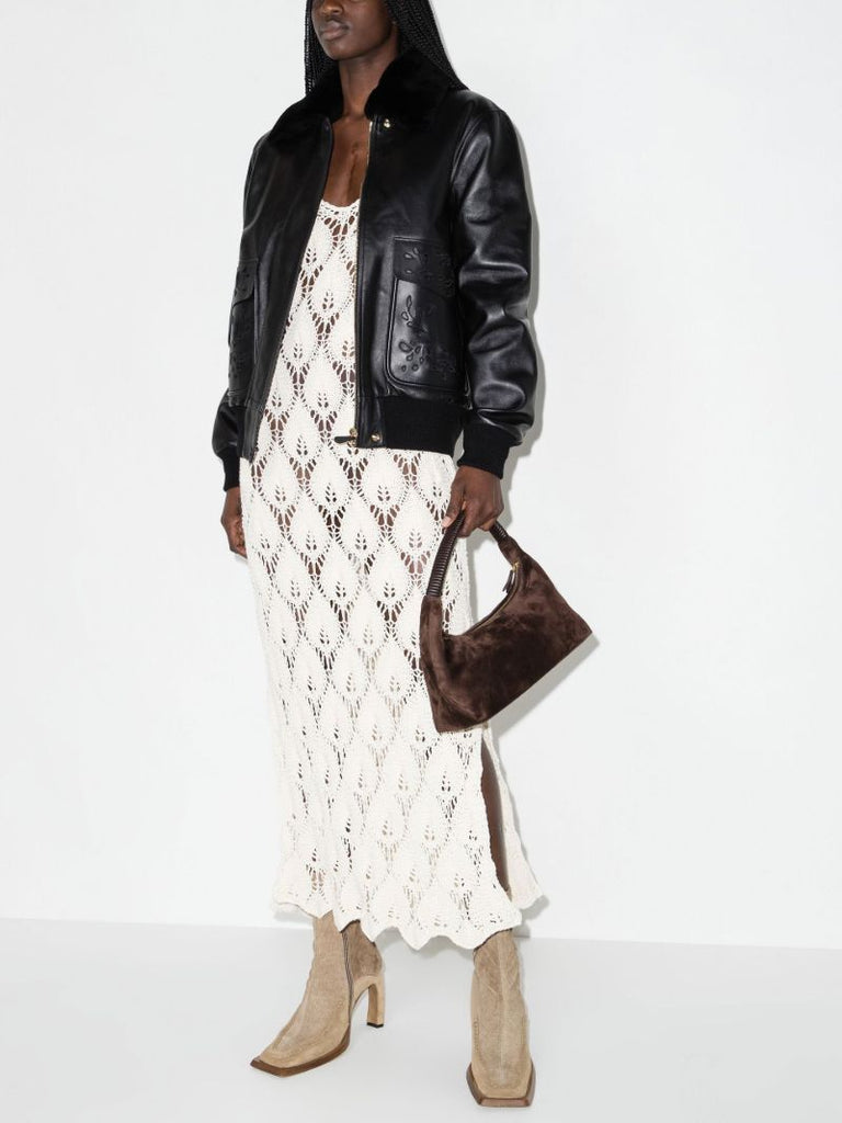 Black Broderie Anglaise Leather Bomber Jacket