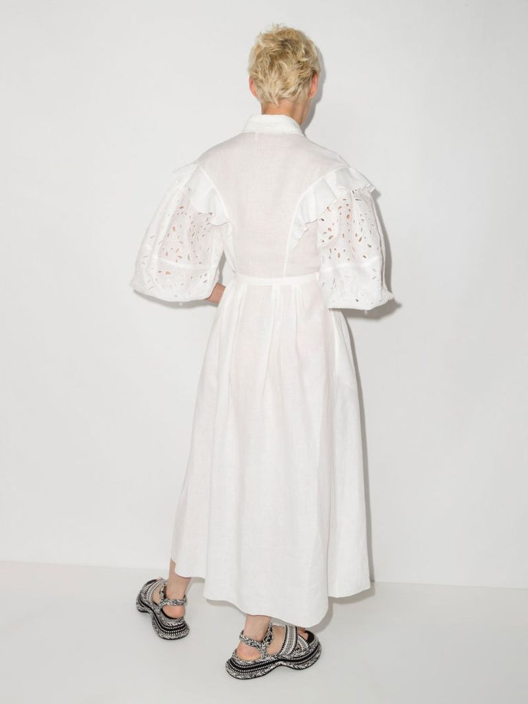 White Balloon Sleeve Linen Midi Dress