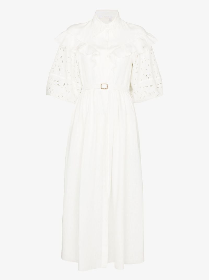 White Balloon Sleeve Linen Midi Dress