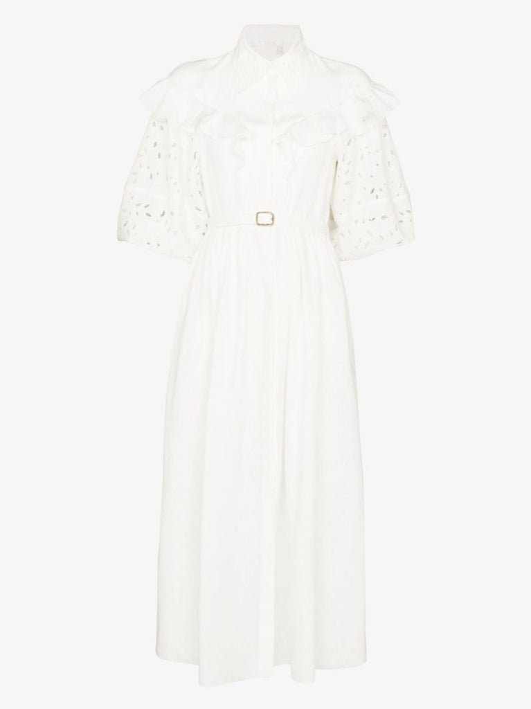 White Balloon Sleeve Linen Midi Dress