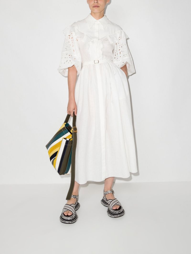 White Balloon Sleeve Linen Midi Dress