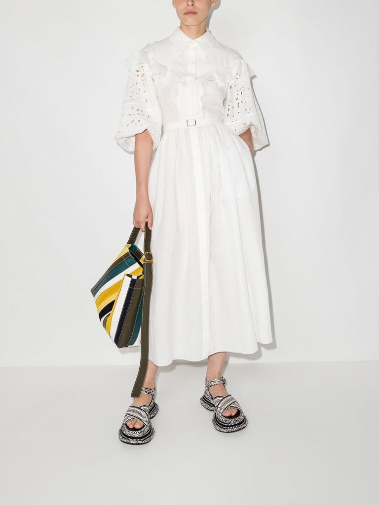 White Balloon Sleeve Linen Midi Dress