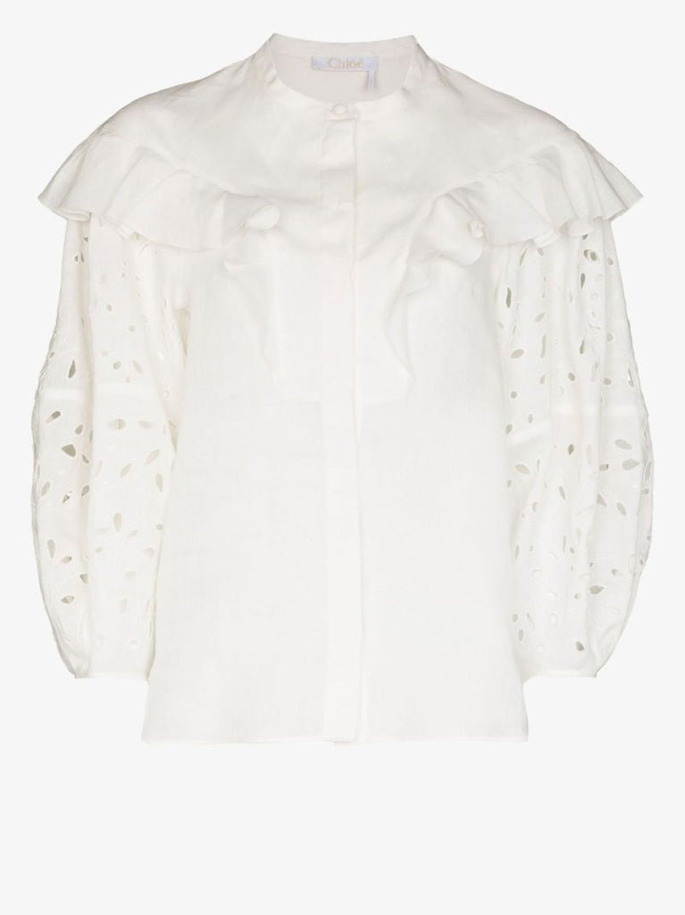 White Ruffled Linen Blouse