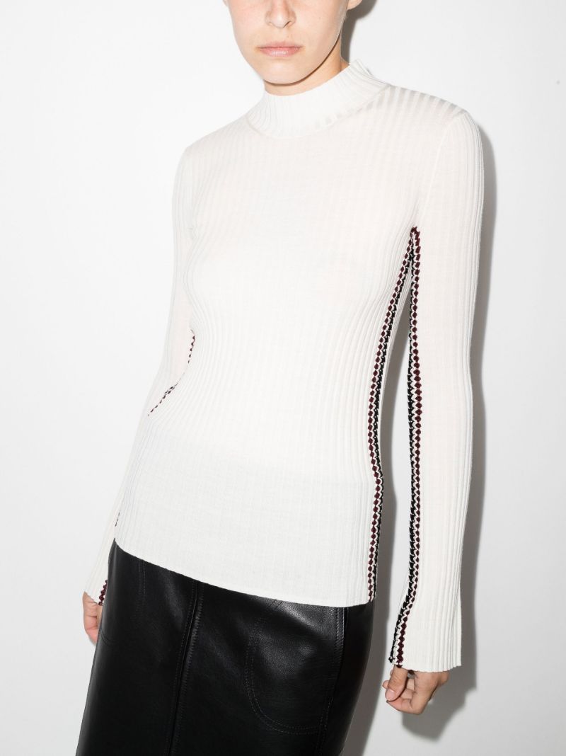 White Crochet Trim Rib-knit Wool Sweater
