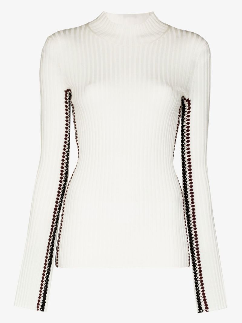 White Crochet Trim Rib-knit Wool Sweater