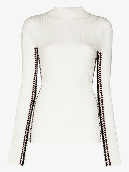 White Crochet Trim Rib-knit Wool Sweater