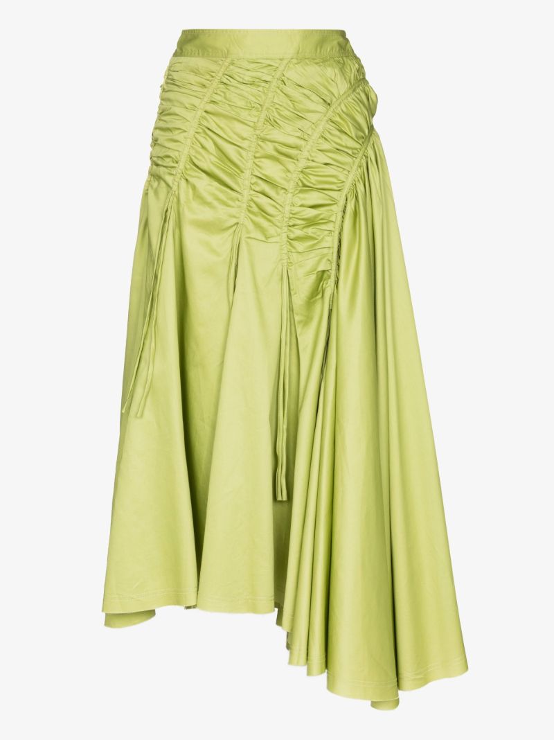 Green Siren Drawstring Asymmetric Cotton Midi Skirt