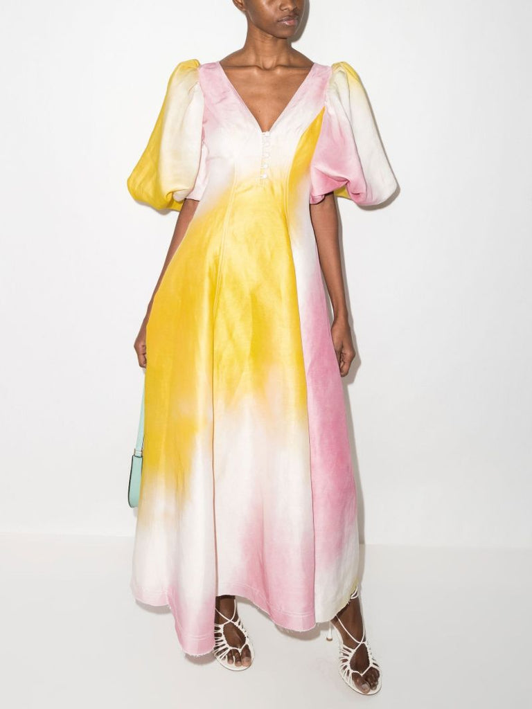 Cloud Burst Tie-dye Puff Sleeve Midi Dress