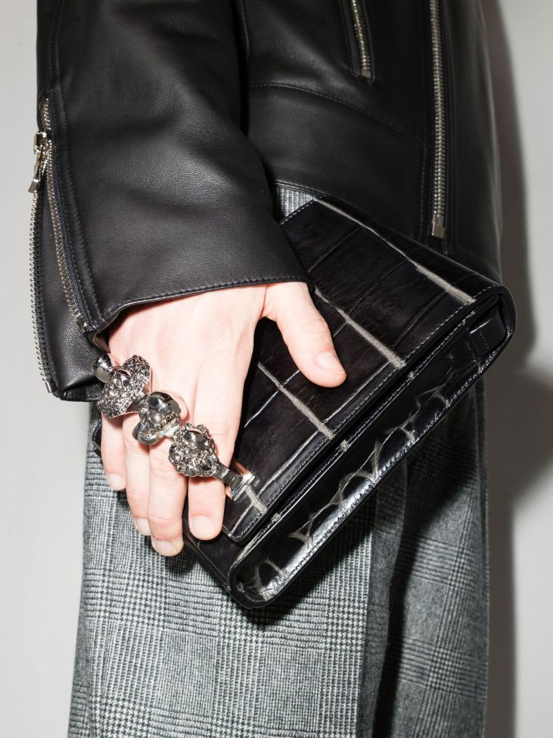 Black Four Ring Small Mock Croc Leather Cross Body Bag