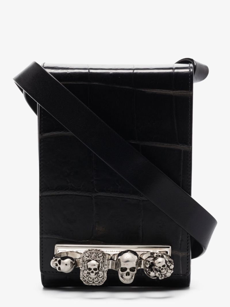 Black Four Ring Small Mock Croc Leather Cross Body Bag