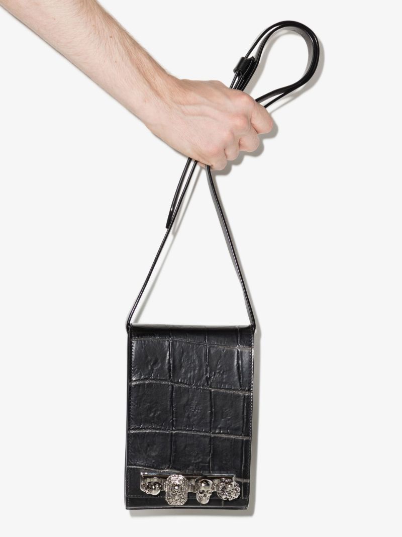 Black Four Ring Small Mock Croc Leather Cross Body Bag