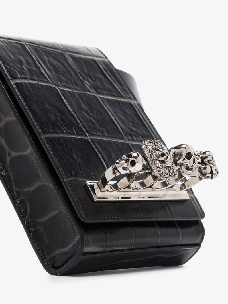 Black Four Ring Small Mock Croc Leather Cross Body Bag