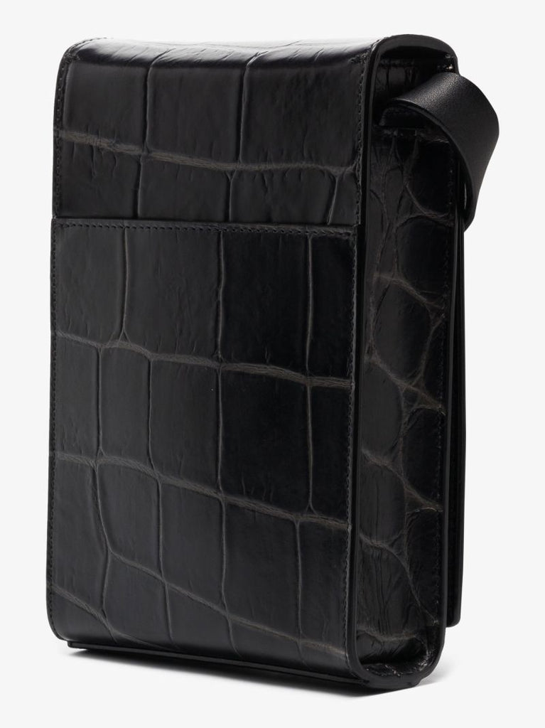 Black Four Ring Small Mock Croc Leather Cross Body Bag