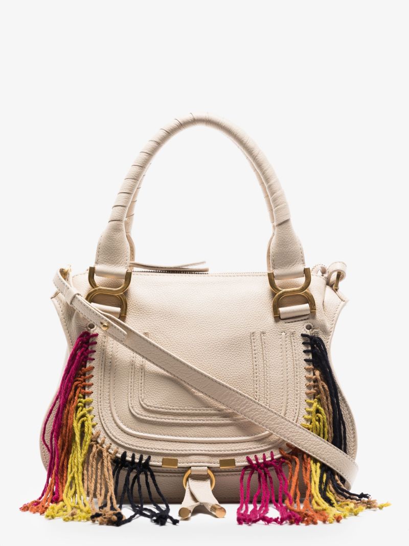 Neutral Marcie Small Fringed Leather Tote Bag