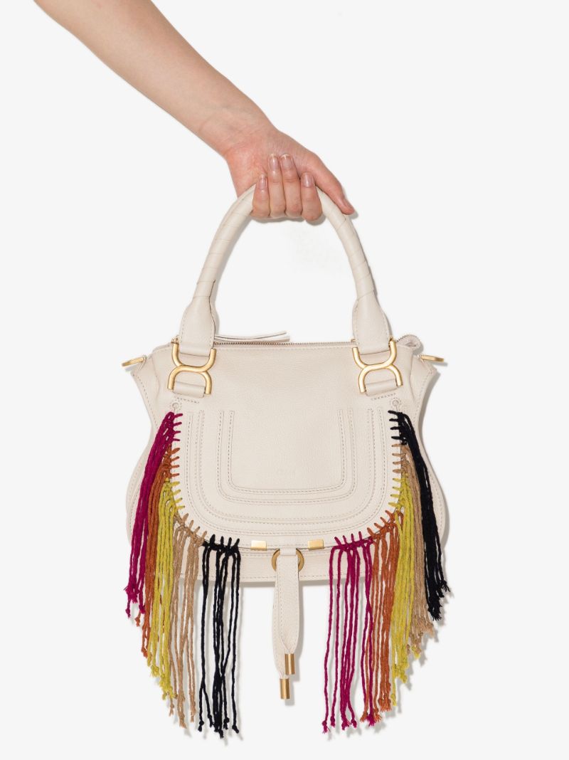 Neutral Marcie Small Fringed Leather Tote Bag