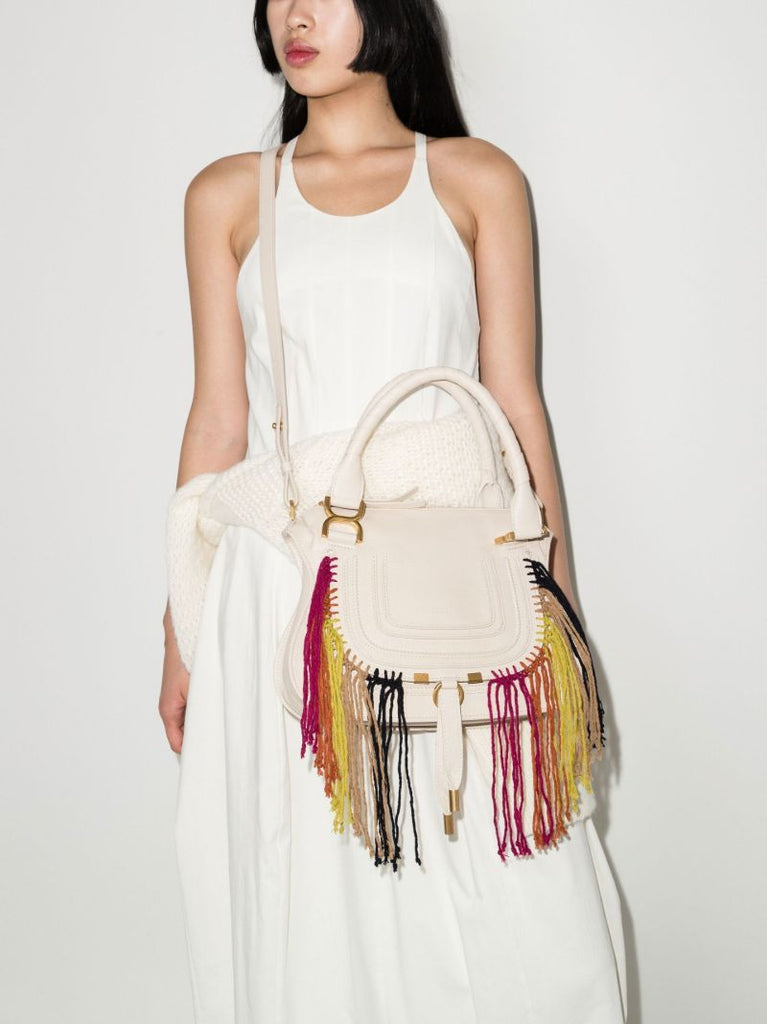 Neutral Marcie Small Fringed Leather Tote Bag