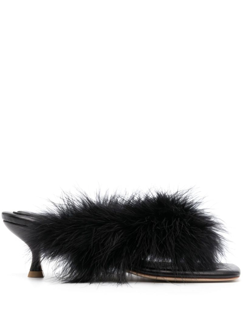 Black Pom Feather-trim Leather Mules