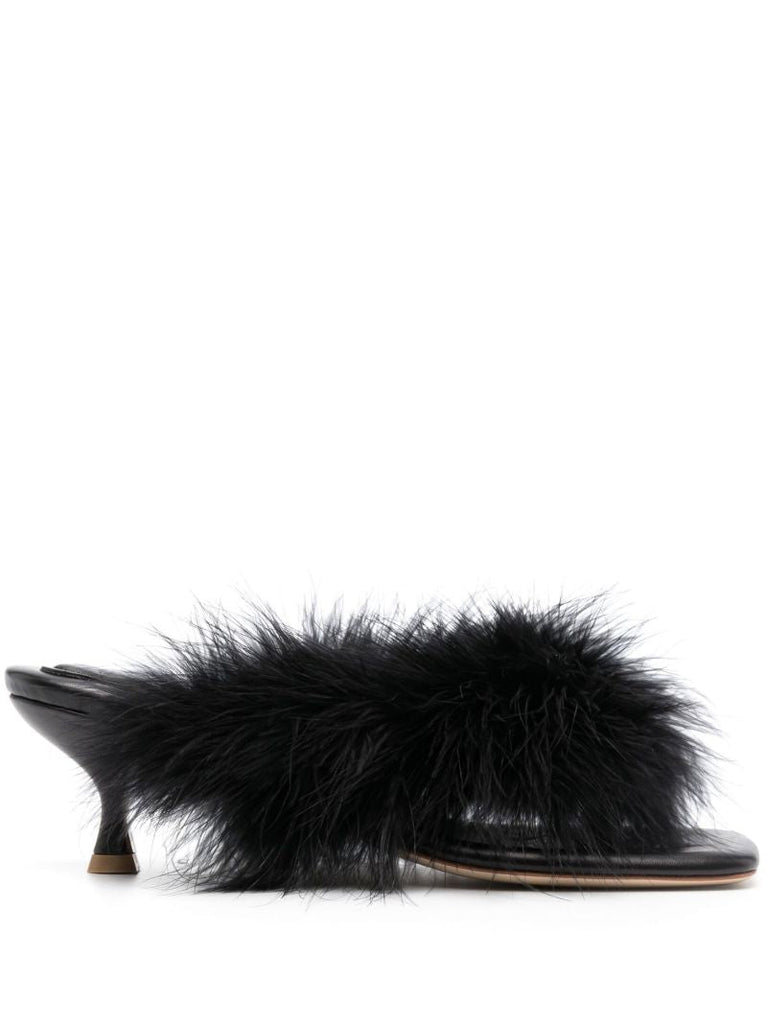 Black Pom Feather-trim Leather Mules