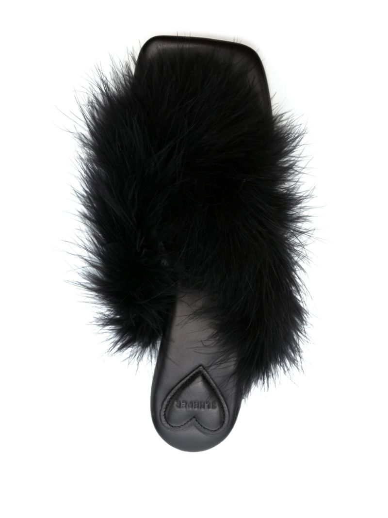 Black Pom Feather-trim Leather Mules